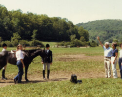 Kerrymor's Autumn Hope with Katie Dalzell, Ann Dalzell, and Susan Baginski at the ACPS Region 1 Connemara Breed Show in 1981 in Woodstock, Vermont. Standing to the right are Bill and Fritzi Baker and Joan McKenna Sr.