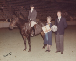 Kerrymor's Autumn Hope and Katie Dalzell receive a trophy from Freda Hodge in 1982 at the St. Louis National Charity Horse Show.
