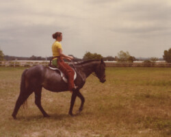 Joan McKenna Sr. backs Kerrymor's Autumn Hope for the first time in 1978 at Kerrymor Farm in Pacific, Missouri.