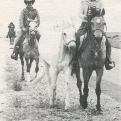 Dr. Marian Molthan, of Laveen, Arizona, rides Spring Ledge Bridgette (owned by Dorothy Lyons at the time) and ponies her own mare, OH Heather Buck's Roan, in Wyoming during The Great American Horse Race in the summer of 1976. Dr. Marian Molthan, of Laveen, Arizona, rides Spring Ledge Bridgette (owned by Dorothy Lyons at the time) and ponies her own mare, OH Heather Buck's Roan, in Wyoming during The Great American Horse Race in the summer of 1976.