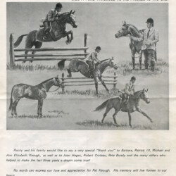 Drawings of Custusha's Cashel Rock are part of an ad by owners Mel and Helen King to thank the Keough family of Massachusetts for training Rocky for three years and to pay tribute to the late Paddy Keough, who died in August 1979 while showing Rocky in hand. Drawings of Custusha's Cashel Rock are part of an ad by owners Mel and Helen King to thank the Keough family of Massachusetts for training Rocky for three years and to pay tribute to the late Paddy Keough, who died in August 1979 while showing Rocky in hand.