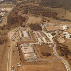 The St Louis National Charity Horse Show converted Queeny Park into a showgrounds in the early years of its revival, with several tents of stalls set up for competitors across a range of disciplines. The arena is in the upper right. This photo was taken in 1979.