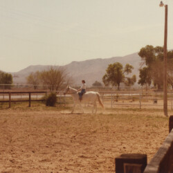 Joan McKenna Sr. rides Oak Hills Foxglove, or Foxy, at Foxglove Farm in Laveen, Arizona, in the mid-1980s. Foxy was out of LeWa's Colleen by Camus John's Gladiator. Joan McKenna Sr. rides Oak Hills Foxglove, or Foxy, at Foxglove Farm in Laveen, Arizona, in the mid-1980s. Foxy was out of LeWa's Colleen by Camus John's Gladiator.