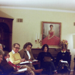 From left: Bill Thompson, Freda Hodge, an unidentified attendee, John "Mike" Ferguson, an unidentified attendee, Fern Bittner, and three more unidentified attendees at a meeting to plan the St. Louis National Charity Horse Show at the McKenna home in St. Louis County, in the late 1970s. From left: Bill Thompson, Freda Hodge, an unidentified attendee, John "Mike" Ferguson, an unidentified attendee, Fern Bittner, and three more unidentified attendees at a meeting to plan the St. Louis National Charity Horse Show at the McKenna home in St. Louis County, in the late 1970s.